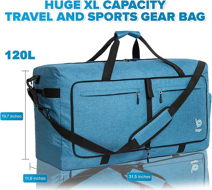 Bago Large Foldable Duffel Bags for Traveling Women & Men - 120L Packable Duffle Bag for Travel with Shoe Compartment - Water Repellant, Heavy Duty, Lightweight Folding & Collapsible (SnowBlue)