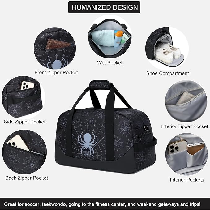 Octsky Kids Sports Gym Bag Boys Girls Overnight Weekend Bag with Shoe Compartment Small Soccer Duffel Football Bag, Spider red