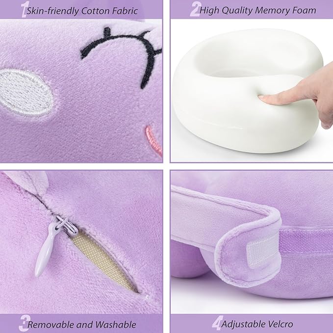 Car Pillow for Big Kids Travel Neck Pillows, Foam Neck Support Travelling Pillow with Washable Cotton Pillowcases and Storage Bag, for Airplane, Train, Flight and Home Use Unicorn Purple