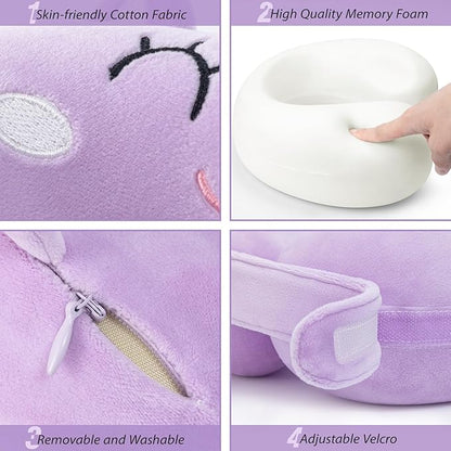 Car Pillow for Big Kids Travel Neck Pillows, Foam Neck Support Travelling Pillow with Washable Cotton Pillowcases and Storage Bag, for Airplane, Train, Flight and Home Use Unicorn Purple