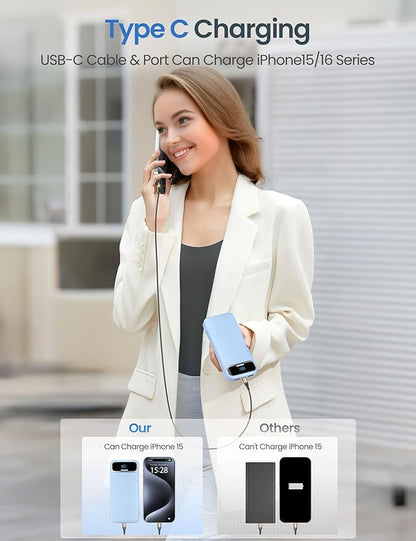 12000mAh Lightweight-Portable-Charger-Power-Bank with Built-in Cables and AC Wall Plug, PD20W USB-C Fast Charging Battery Pack, LED Display External Travel Phone Charger for All iPhone,Samsung,Android