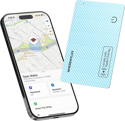 WHEREMYLUV-Item-Finder-for-Wallet, Ultra Thin Bluetooth Tracker Card Compatible with Apple Find My, Rechargeable GPS Locator, IPX8 Waterproof, Slim Smart Card for Men & Women (Blue)