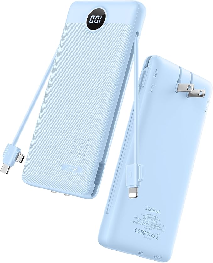 VRURC Portable Charger with Wall Plug and Cables, 10000mAh Power Bank with 22.5W Fast Charging USB Port,4 Outputs Dual Inputs Slim Compact Rechargeable Battery Pack Travel Accessories-Blue(1 Pack)