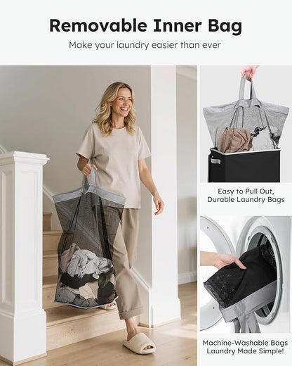 SOLEDI Slim Laundry Hamper with Lid, Narrow Laundry Basket with Removable Bags, Dirty Clothes Hamper with handle, Small Hamper perfect for Laundry room, Bathroom, Bedroom, Small spaces. 70L Black