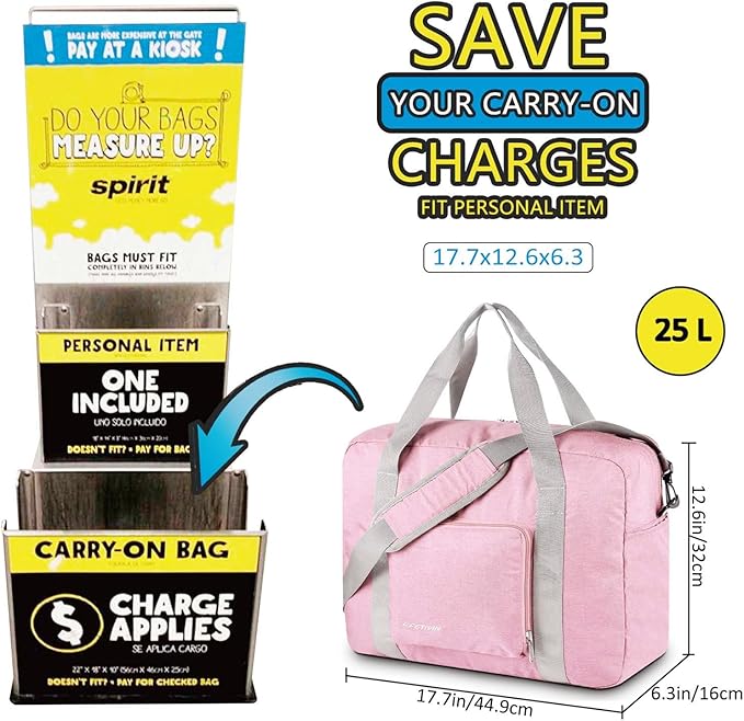 For Allegaint Airlines Personal Item Bag 17.7x12.6x6.3 Foldable Travel Duffel Bag Underseat Carry-on Luggage for Women and men 25L(Pink)
