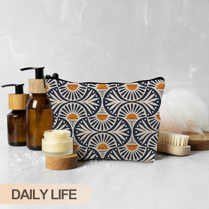 Boho Gifts for Women, Boho Orange Sunset Leaf Aesthetic Makeup Bag, Boho Makeup Bag for Women, Vintage Boho Sunrise Sunset Cosmetic Bags Toiletry Bag, Boho Beach Bag(PU)