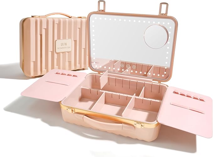 ROWNYEON Travel Makeup Case with Light-Up Mirror & Removable Divider - Portable Train Case Organizer for Girls, Makeup Artist & Hairstylist - 10x Mirror (Pink)