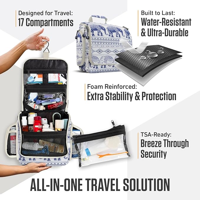 VENTURE 4TH Hanging Travel Toiletry Bag for Women & Men - Travel Organizer with Expandable Compartments & Removable Clear Pouch for Toiletries (Blue Elephant)