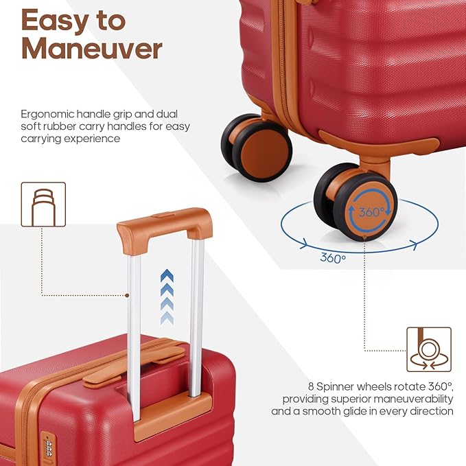 UKEIN Luggage Sets 3 Piece, Carry On Luggage 20In With Spinner Wheels,PC Hardside Suitcase Set with TSA Lock,Durable Carry On Suitcase With Travel Backpack for Men (Red, 3 piece set (20inch))