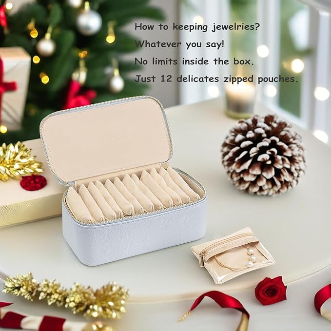 Vlando Travel Jewelry Box Organizer - 12 Small Velvet Zipped Pouches Pockets for Jewelries Necklaces Rings Earrings Sorting Storage, Baby Blue