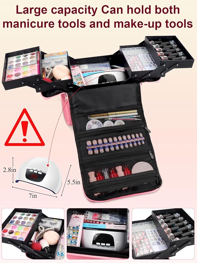 Deciniee Large Pink Makeup Nail Polish Organizer Bag, 4 Tier Professional Makeup Case, Waterproof Nylon, Travel/On-the-go Makeup Storage