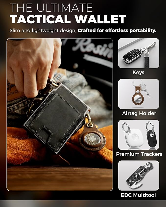 LORZOR Slim Tactical Wallet for Men- Minimalist Full Grain Leather Wallet for 12 Cards, RFID Blocking Aluminum Cardholder, Smart Pop Up Card Case, Front Pocket, Money Clip, Gift for Men(ArmyGreen)