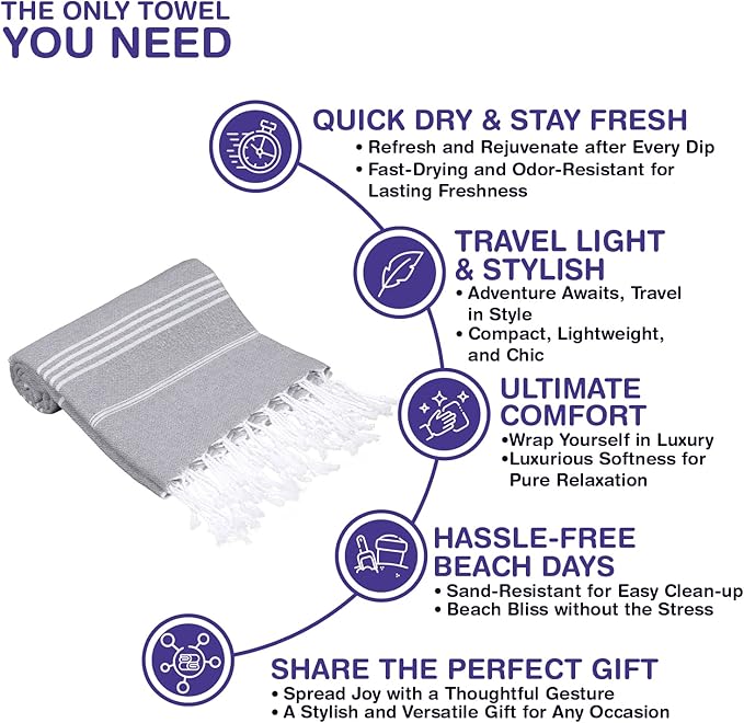 Turkish Beach Towels, Bulk Case of 12 | Oversized, Quick Dry, Sand Free | 100% Cotton, Large 38x71 Towels for Beach, Pool, Travel | Ultra-Soft, Compact, Absorbent | Gray