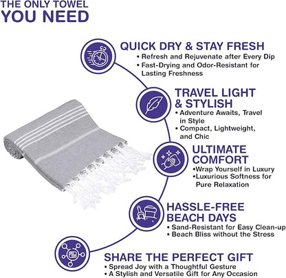 Turkish Beach Towels, Bulk Case of 12 | Oversized, Quick Dry, Sand Free | 100% Cotton, Large 38x71 Towels for Beach, Pool, Travel | Ultra-Soft, Compact, Absorbent | Gray