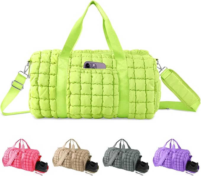Quilted Travel Duffle Bag Gym Bag for Women,Large Puffer Duffle Weekender Bag with Compartment,Workout Overnight Carry on Organizer Bag Duffle Bag for Airplane Travel(L-Green)
