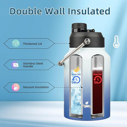 Half Gallon Jug with Handle,64 oz Insulated Water Bottle with Carrying Pouch,Double Wall Vacuum Stainless Steel Metal Bottle,Sky