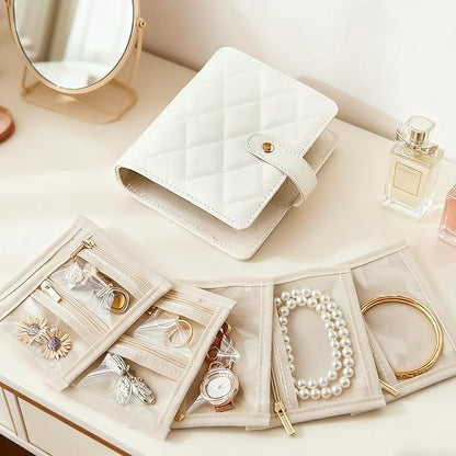 Velvet Travel Jewelry Organizer Book with Zipper Pouches – Anti-Tarnish, Scratch-Proof Jewelry Storage for Rings, Necklaces, Earrings, Bracelets – Portable Soft Case for Women (White)