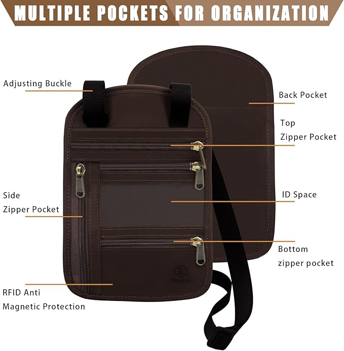 Ringsun Genuine Leather Passport Holder For Travel, RFID Blocking Slim Neck Wallet with Adjustable Strap for Women and Men, Travel Essentials to Keep Cash, Credit Cards and Documents Safe, Red Brown