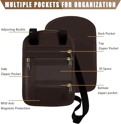 Ringsun Genuine Leather Passport Holder For Travel, RFID Blocking Slim Neck Wallet with Adjustable Strap for Women and Men, Travel Essentials to Keep Cash, Credit Cards and Documents Safe, Red Brown