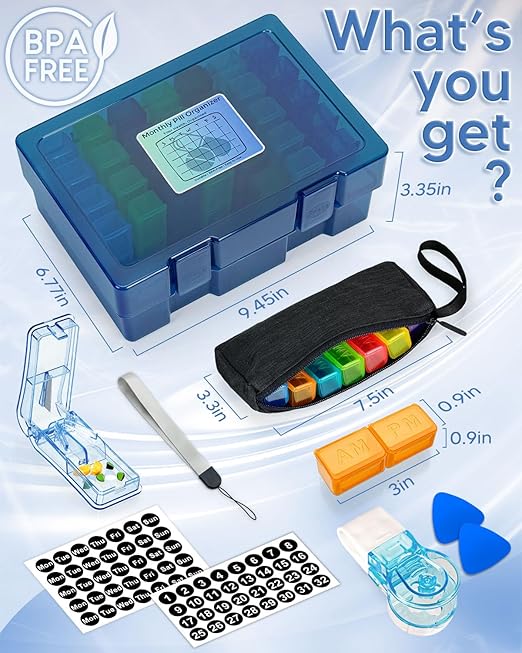 Monthly Pill Organizer 2 Times a Day, FRIWOLE Medicine Box with Portable Weekly Pill Bag, Keychain Pill Case, Pill Cutter and 2 Sticker(Blue, 2 Times a Day)