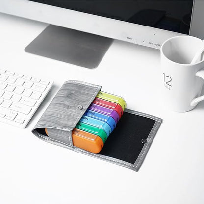 Pill Organizer,LIZIMANDU Weekly Travel Pill Case Box Medication Reminder Daily AM PM, Day Night 7 Compartments,for 4 Times A Day, 7 Days a Week-Includes Leather PU Carrying Case(1-Wood-Light Grey)