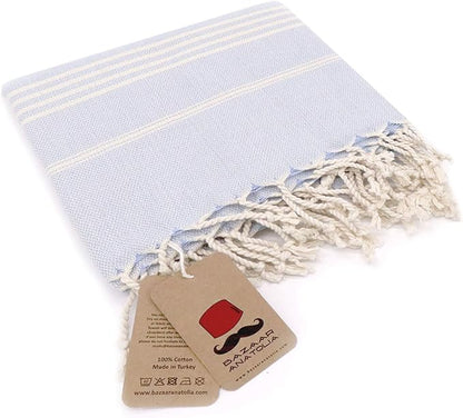 Bazaar Anatolia Slim Line Turkish Towel 100% Cotton Peshtemal Beach Towel 76x38 Thin Lightweight Travel Camping Bath Sauna Gym Pool Blanket Quick Dry Towels (Blue) - Made in Turkiye