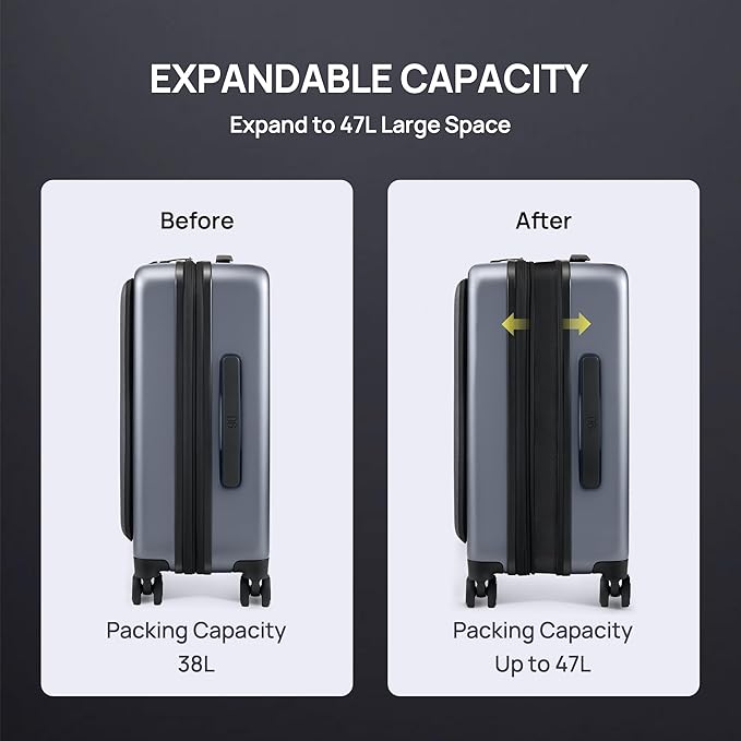 NINETYGO Carry on Luggage 22X14X9 Airline Approved with Front Pocket, 20 Inch Luggage with Front Compartment, Expandable, Double Spinner Wheels, Hardsided PC, TSA Lock (Black, Seine Max)