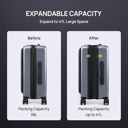 NINETYGO Carry on Luggage 22X14X9 Airline Approved with Front Pocket, 20 Inch Luggage with Front Compartment, Expandable, Double Spinner Wheels, Hardsided PC, TSA Lock (Black, Seine Max)