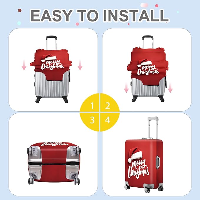 ANNA QUEEN Merry Christmas Luggage Cover, Santa Hat Holiday Design Suitcase Protector, Stretchable Washable Travel Sleeve for 32-34 Inch Luggage