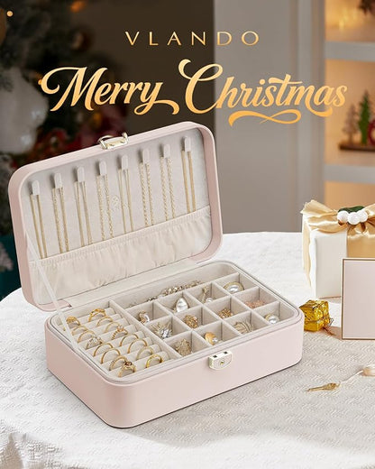 Vlando 2-Layer Jewelry Box,Valentines Day Gifts for Her Jewelry Organizer for Women Removable Jewelry Tray for Earrings Necklace,Gift Ideas,Birthday Graduation Gifts Apricot Pink