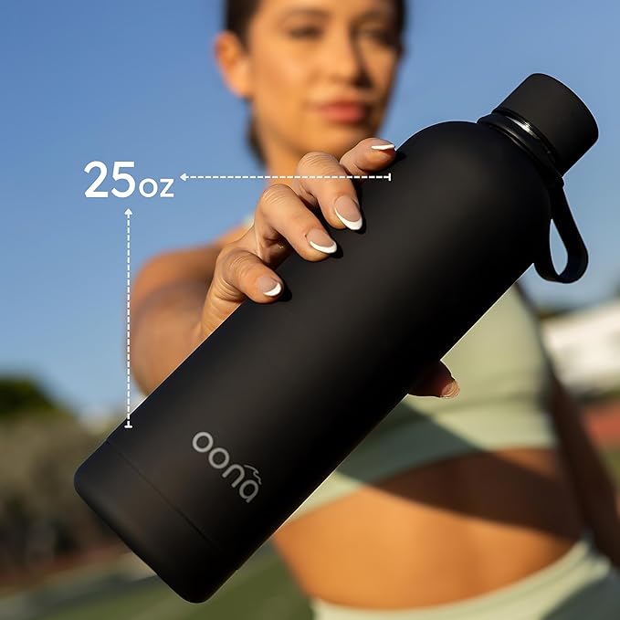 OONA Stainless Steel Water Bottle 25 oz, BPA-Free, Leak-Proof Insulated Water Bottle, Carrying Loop, Double Wall Vacuum Insulation, Keeps Drinks Hot or Cold for 12 Hours, Travel Friendly (Black)