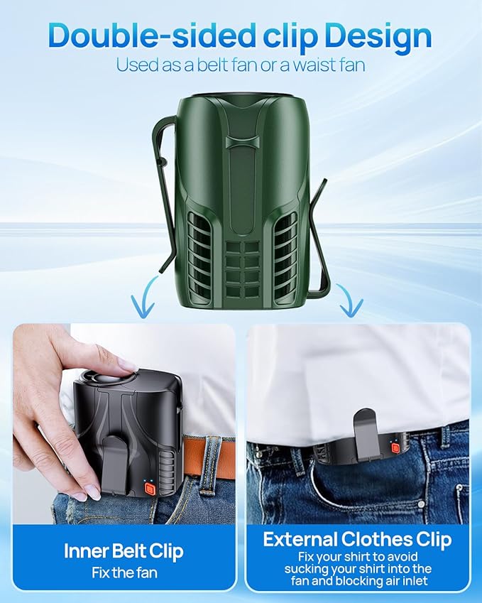 2025 Portable Personal Waist Fan& Neck Fan, 14000RPM Brushless Motor, 40H Runtime Rechargeable, 6-Speed Quiet Operation, Clip-On Personal Body Cooling for Camping/Worksites/Outdoor