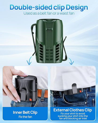 2025 Portable Personal Waist Fan& Neck Fan, 14000RPM Brushless Motor, 40H Runtime Rechargeable, 6-Speed Quiet Operation, Clip-On Personal Body Cooling for Camping/Worksites/Outdoor