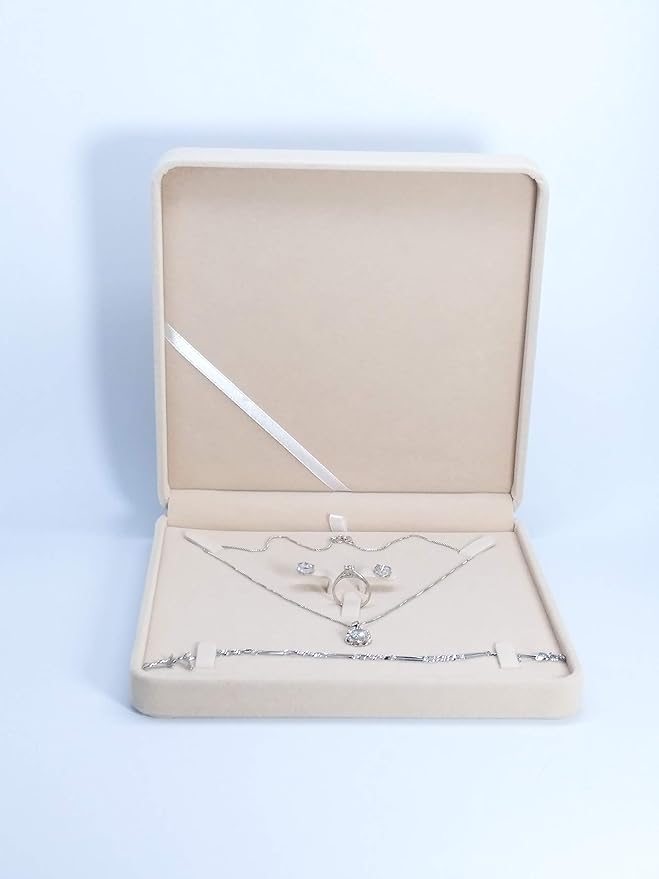 Jewelry Set Velvet Box Necklace Earring Ring Necklace Bracelet Gift Display Case Wedding Jewelry Storage Holder (Beige)