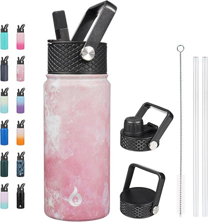BJPKPK Insulated Water Bottles with Straw Lid, 18oz Stainless Steel Metal Water Bottle, Cold Hot Thermo with 3 Lids, Leak Proof BPA Free Travel Cup, Wide Mouth Flasks - Blossom