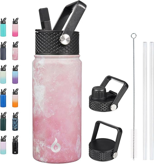 BJPKPK Insulated Water Bottles with Straw Lid, 18oz Stainless Steel Metal Water Bottle, Cold Hot Thermo with 3 Lids, Leak Proof BPA Free Travel Cup, Wide Mouth Flasks - Blossom