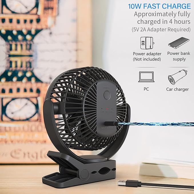 Portable Magnetic USB Clip on Fan - 6 Inch 5000mAh Rechargeable, 3 Speed, 720° Adjustable, Personal Desk Fan for Bedroom, Camping, Golf Cart, Office
