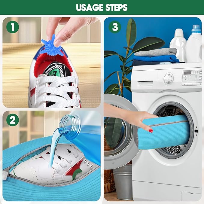 Shoe Washing Machine Laundry Bag - 2 Pack Sneaker Cleaner Kit for Gym Athletic Shoes and Canvas Flats with Zipper Protection Design, 10 Washer Balls, Large Size for Women's, Men's, and Kid's Footwear