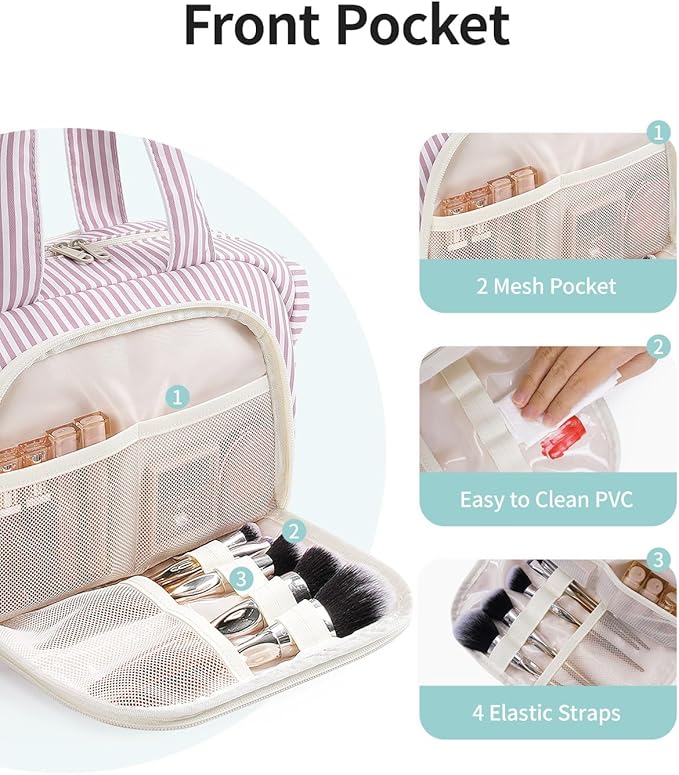 Narwey Travel Toiletry Bag, Wide-open Large Toiletry Bags for Traveling Women, Checkered Travel Bag for Toiletries Cosmetic Makeup Bag Organizer, Skincare Make Up Bag (Dusty Pink Stripe)