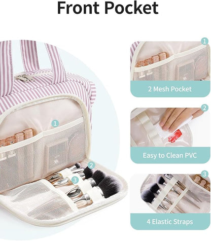 Narwey Travel Toiletry Bag, Wide-open Large Toiletry Bags for Traveling Women, Checkered Travel Bag for Toiletries Cosmetic Makeup Bag Organizer, Skincare Make Up Bag (Dusty Pink Stripe)