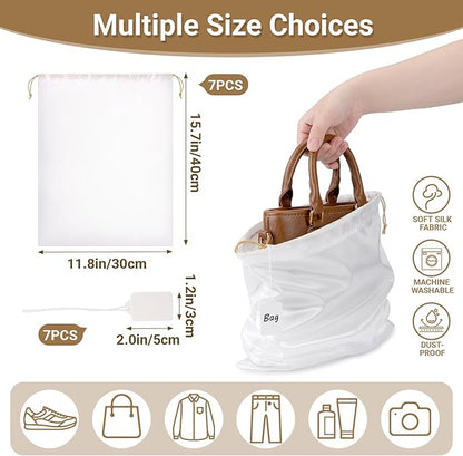 Ewen 11.8x15.7in Dust Bags for Shoes, 7 Pack of Dustproof Silky Bags with Drawstring for Sneakers Storage, White Satin Purse Storage Bags, Pouches Covers for Travel, Dust Cover Bag for Luxury Wallet