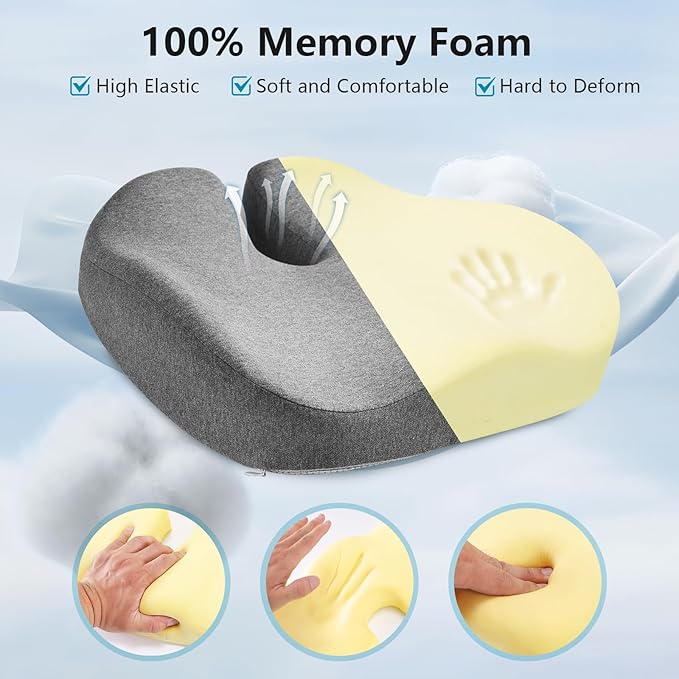 Seat Cushions for Office Chairs & Hip Pain Relief, Extra-Dense Coccyx Cushion with Sciatica Support, Ergonomic Design for Desk Chair, Car, Wheelchair, All-Day Comfort (Gray)