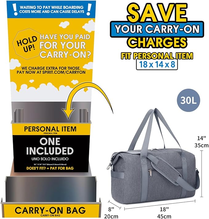 Narwey For Spirit Airlines Personal Item Bag 18x14x8 Travel Duffel Bag Carry on Bag Underseat for Airplane with Wet Pocket Small Gym Bag Weekender Overnight for Women and Men (Grey)