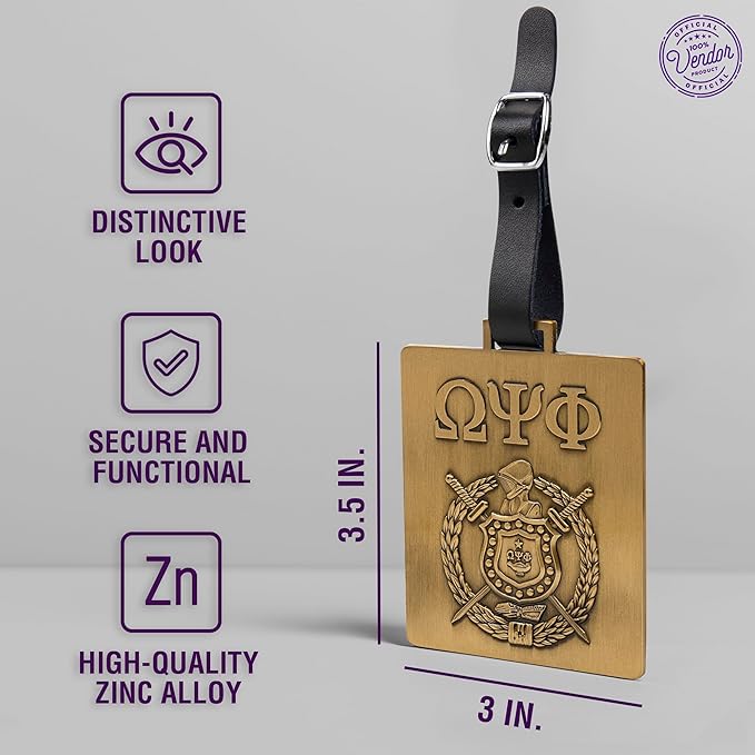 Omega Psi Phi Paraphernalia - Official Vendor - Set of 2 Luggage Tags - Greek Letters and Shield