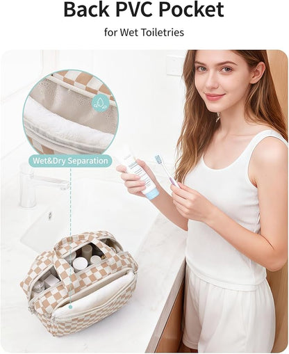 Narwey Travel Toiletry Bag, Wide-open Large Toiletry Bags for Traveling Women, Checkered Travel Bag for Toiletries Cosmetic Makeup Bag Organizer, Skincare Make Up Bag (Light Checkerboard)