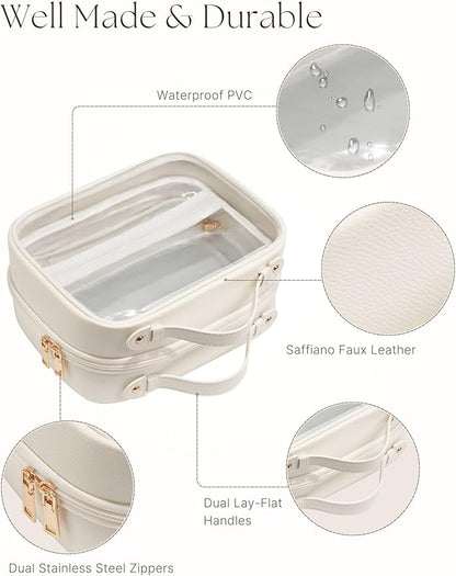 Clear Cosmetic Bag Double Layer Travel Toiletry Bag Clear Makeup Bag Case with 4 Compartments, Transparent Travel Bag for Toiletries, Large Toiletry Bag for Women Cosmetic Case (White, Large)