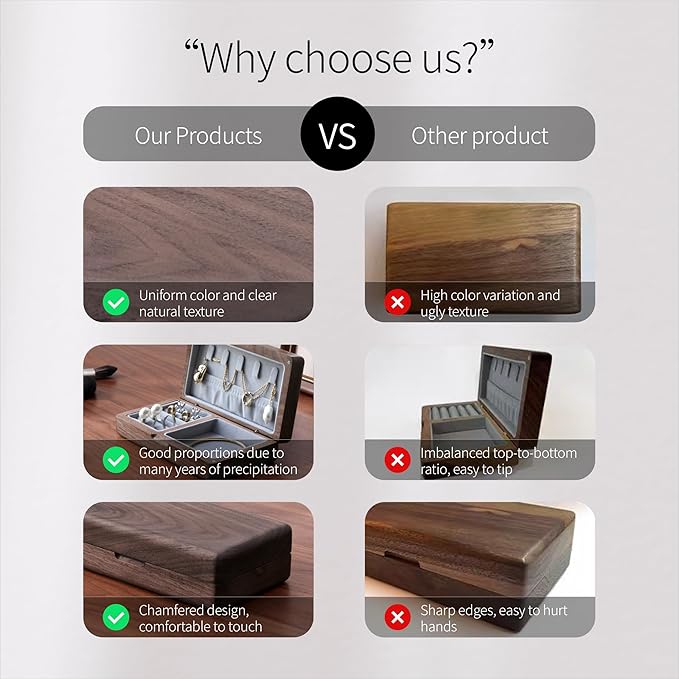 Walnut Wooden Small Jewelry Box - Mini Wood Travel Jewelry Case Portable Organizer for Rings, Earrings, Necklaces & Bracelets Storage Women Girls Men (Gray)