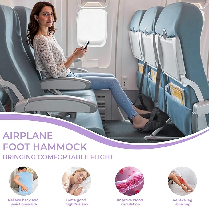 Babenest 2pcs Airplane Foot Hammock, Foldable Leg Rest Support with Adjustment Nylon Strap and Thicken Bottom, Portable Under Desk Flight Footrest Holder in Air Travel, Office & Car