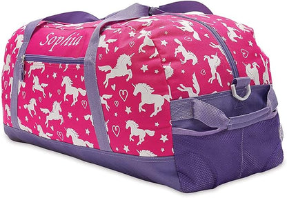 Lillian Vernon Personalized Duffel Bag for Kids, Roomy Pink Unicorn Weekender With Front & Side Compartment, Customizable Girls Sports & Travel Bags With Custom Name, 11" x 12" x 23"