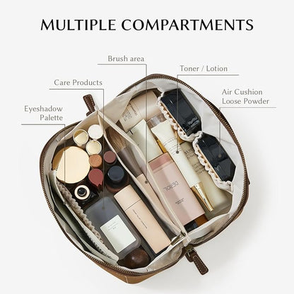 EACHY Travel Makeup Bag, Faux Suede Cosmetic Bags for Women,Large Capacity Portable Pouch Open Flat Toiletry Bag Make up Organizer with Divider and Handle